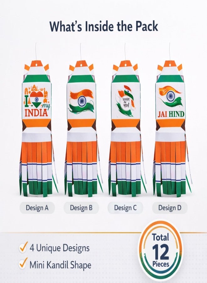 DIGI ART'S DIGI Art’s Republic Day Paper Kandil Hanging Decoration | I Love My India Tricolor Mini Lantern | Pack of 12 (4 Unique Designs) | for 26 January, School, Office, Home Decor - Image 3